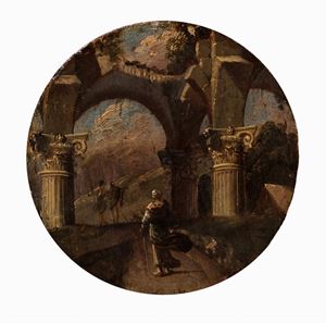 Due capricci architettonici con pastori e popolane