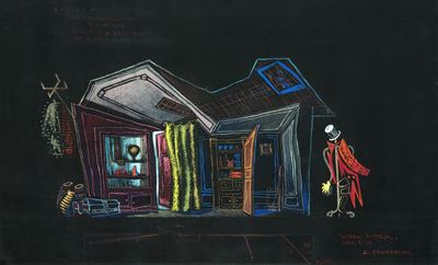 La veglia dei lestofanti, bozzetto di scena, tempera e pastello su cartoncino nero, 1949