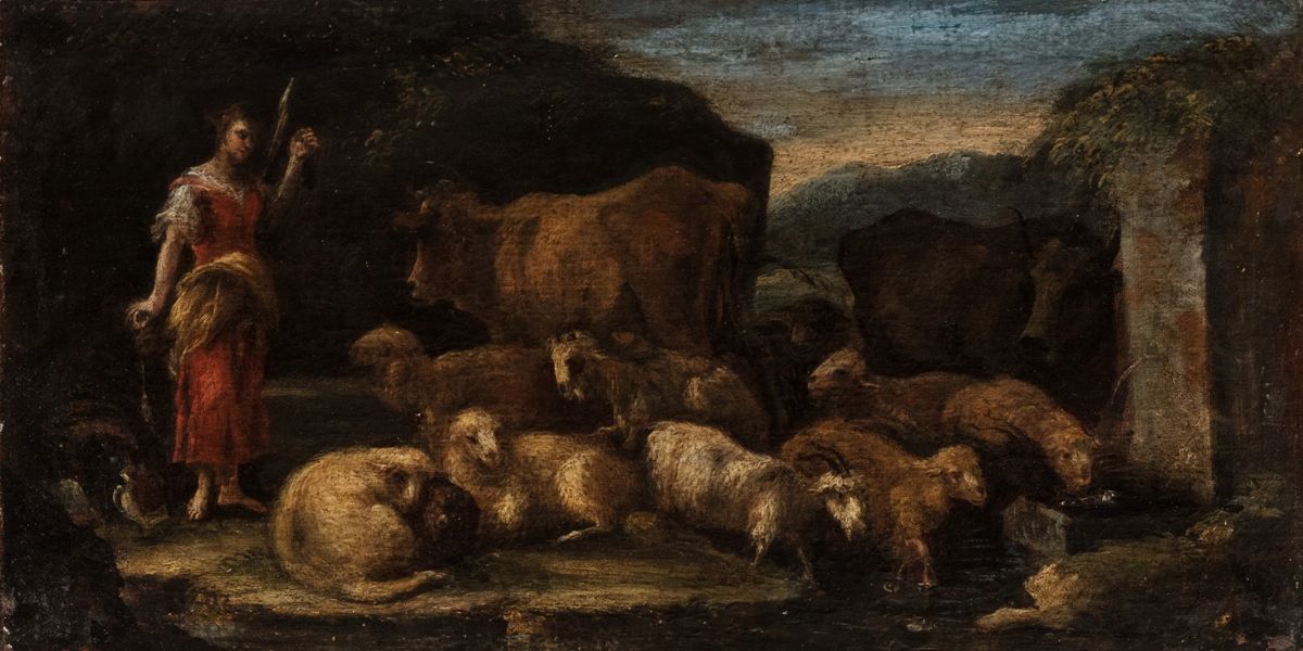 Scuola Napoletana, Secolo XVII - Paesaggio con Pastorella e Armenti Presso un Fontanile; e Paesag...