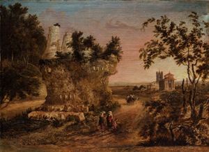 Campagna romana con ruderi antichi, popolane e contadini