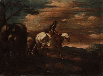 Cavalieri entro un paesaggio, olio su tela, cm 35 x 44