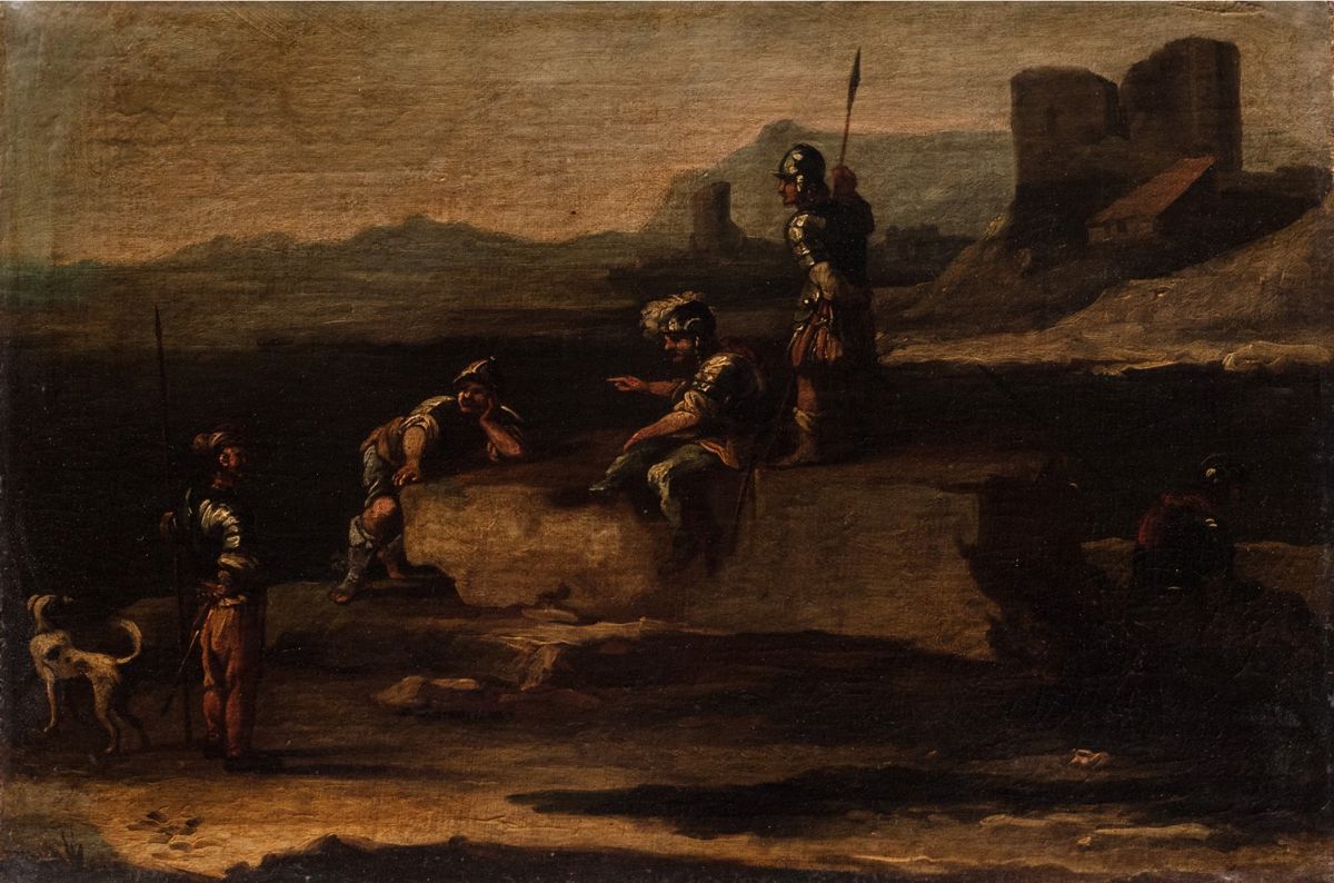 Scuola Toscana, Secolo XVII - Cavalieri entro un paesaggio, olio su tela, cm 35 x 44