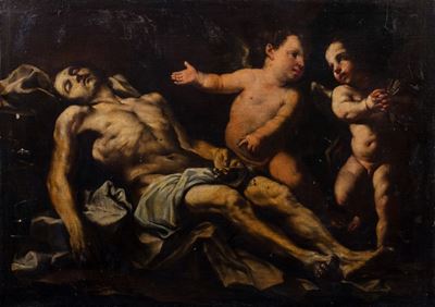 Compianto su Cristo morto tra due angeli, olio su tela