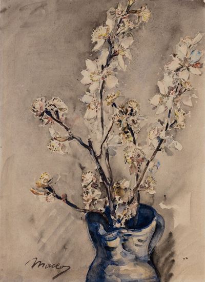 Fiori nel vaso azzurro, gouache su cartoncino