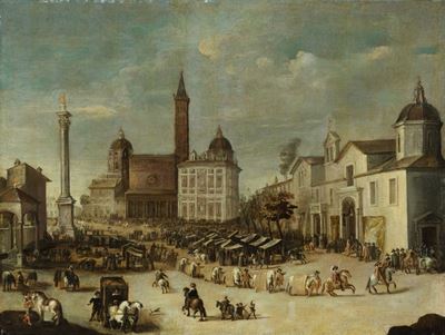 Artista italiano, secolo XVII, nei modi di Louis de Caullery, Veduta di piazza di Santa Maria Mag...