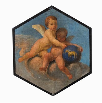 Autore sconosciuto, I dodici segni zodiacali, olio su tela applicata su tavola, esagono, cm 41 x ...