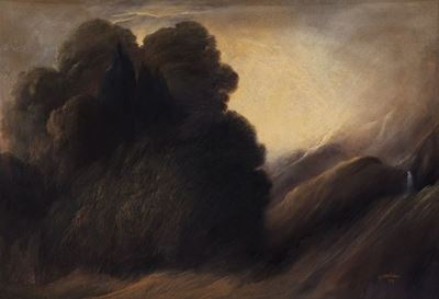 Paesaggio boschivo, pastelli colorati su cartoncino, 1988