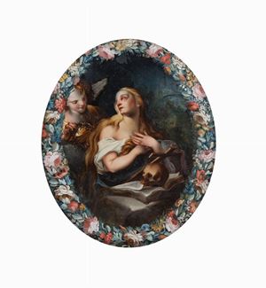 Maddalena penitente entro ghirlanda di fiori