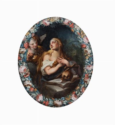 Maddalena penitente entro ghirlanda di fiori, dipinto sottovetro