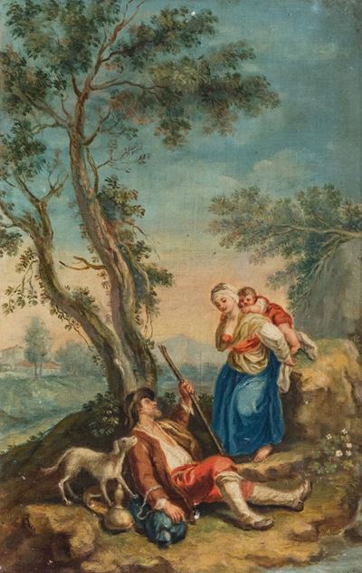Autore sconosciuto, Due scene pastorali, olio su carta applicata su tela