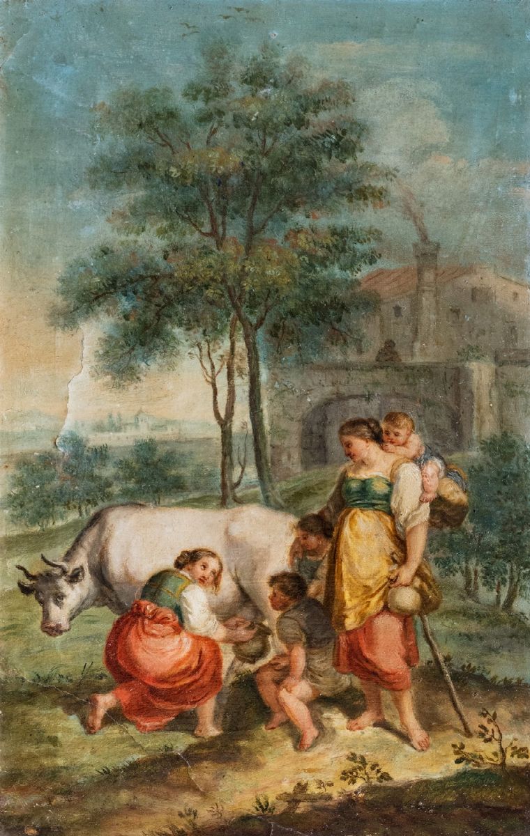 Scuola Lombarda, Secolo XVIII - Autore sconosciuto, Due scene pastorali, olio su carta applicata ...