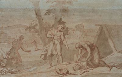 Scuola romana o francese, Episodio della storia romana, matita rossa e inchiostro bruno acquerell...