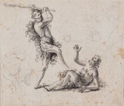 Disegno, Caino e Abele, matita e inchiostro grigio acquerellato su carta