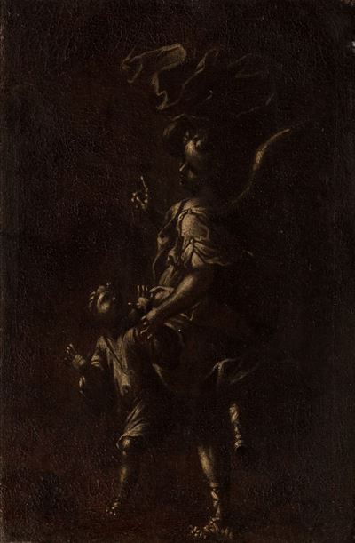 Autore non identificato, Tobiolo e l'Angelo, olio su tela en grisaille