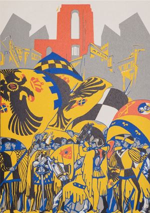 Edizione in inglese rara, in edizione di lusso,esemplata su quella in italiano. Nel 1932 la prestigiosa Casa Editrice Novissima, diretta da Edoardo De Fonseca, pubblic&ograve; un volume della storia del Palio di Siena, con testo di Piero Misciatelli e illustrazioni di Duilio Cambellotti, che per realizzare l'opera si era recato nei due anni precedenti a Siena, per assistere al Palio. Il volume (di 150 pagine) contiene per ciascun capitolo dedicato a ciascuna contrada un'illustrazione a piena pagina e una testata a decoro del testo. Il nostro esemplare &egrave; il n. 1068 di una tiratura non esplicitata. The "Palio" of Siena