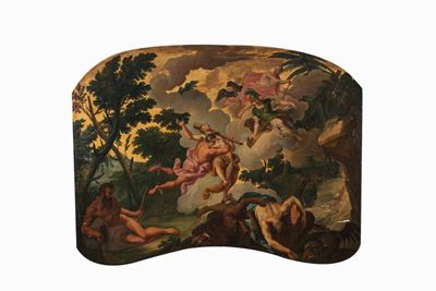 Scena mitologica, olio su tavola entro sagoma mistilinea, cm 68 x 93