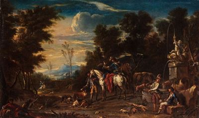 Sosta di cavalieri presso un fontanile, olio su tela