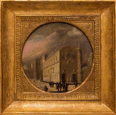 MONSù DESIDERIO, Coppia di capricci architettonici, olio su tavola, diametro cm 22 ciascuno