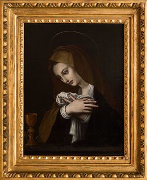 Vergine in preghiera con gli strumenti della Passione