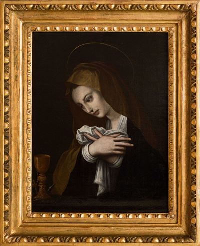Autore sconosciuto, Vergine in preghiera con gli strumenti della Passione, olio su tela