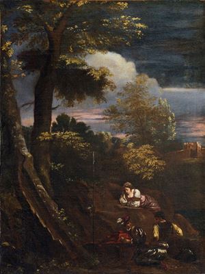 Paesaggio boschivo con figure in abiti rinascimentali
