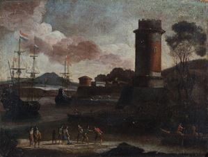 Veduta di porto mediterraneo con torre circolare