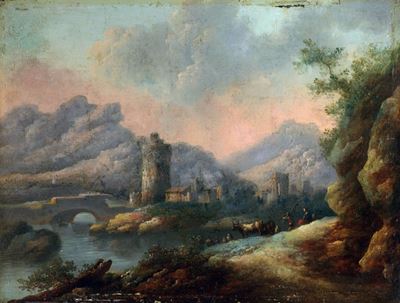 Paesaggio fluviale con pastore e armenti, olio su tavola
