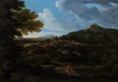 Paesaggio laziale con viandante, olio su tela