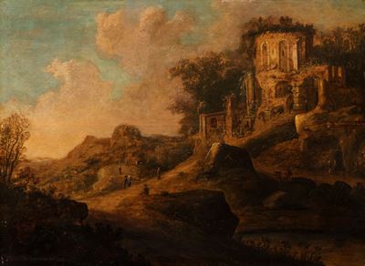 Paesaggio con rovine classiche e astanti, olio su tavola