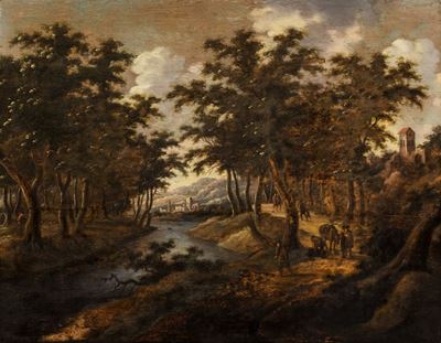 Scuola fiamminga, Paesaggio fluviale con astanti, olio su tavola
