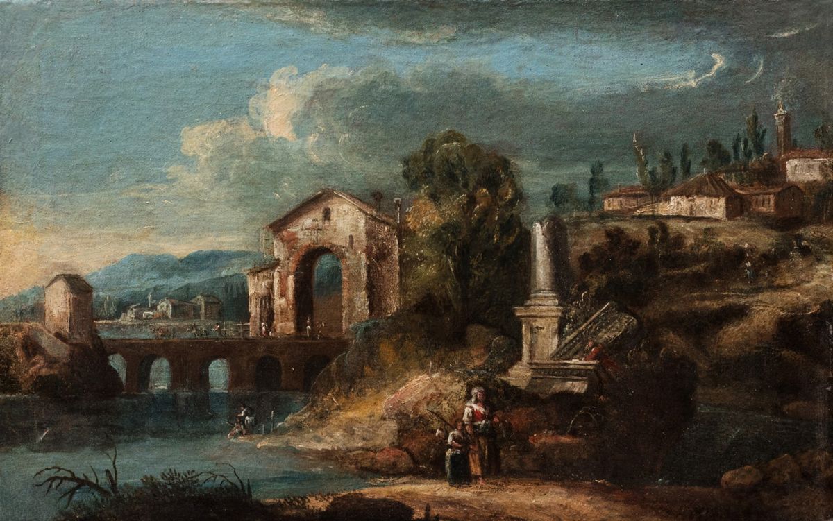 Antonio Diziani (venezia 1737 – 1797) - Due paesaggi fluviali: Torre e ponte di pietra e Colonna ...