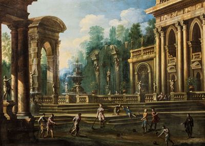 Gaspare Diziani e Francesco Battaglioli, Capriccio architettonico con giardino, fontane e astanti...
