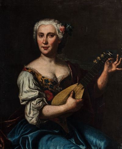 Ritratto di giovane donna con mandolino, olio su tela