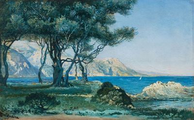 Veduta di costa mediterranea, olio su cartone