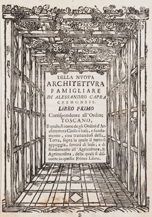 Prima edizione originale di quest'interessante opera divisa in cinque libri che tratta argomenti diversi fra i quali agricoltura, architettura, sistemi di misura, geometria e invenzioni di macchine. Pregiata edizione citata in diversi repertori; Piantanida 4347: «Opera [...] non tanto di architettura, quanto di tecnica, idraulica, agricoltura ed agrimensura; molto interessanti sono le figure, specialmente quelle relative agli strumenti di misura (tra cui la bussola) [...] e quelle del 5° libro raffiguranti macchine»
Cicognara 461; Fowler 79; Olschki Choix VI, 6260; Piantanida 4347; Riccardi I 234 La nuova architettura famigliare [...]  Diuisa in cinque libri corrispondenti a' cinque ordini, cioè toscano, dorico, ionico, corintio, e composito ...