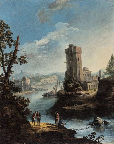 Due paesaggi laziali d'invenzione con fiume, torrioni e antichi edifici, olio su tela