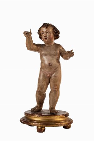 Manifattura napoletana, secolo XVIII  - Scultura in legno policromo raffigurante Gesù Bambino benedicente