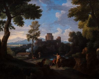 Jan Frans van Bloemen, Paesaggio laziale con la predica del Battista e borgo turrito sullo sfondo...
