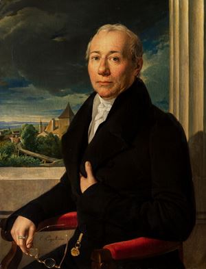 Ritratto di gentiluomo a mezzo busto, seduto in una loggia, con paesaggio sullo sfondo