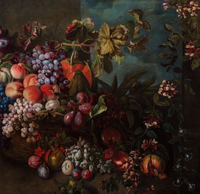 Fiori e frutti en plein air, olio su tela