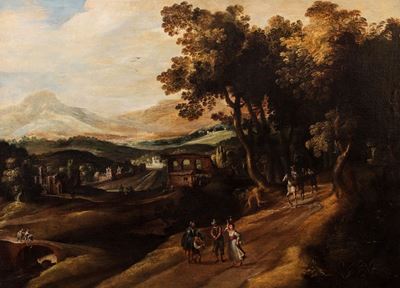 Paesaggio collinare con viandanti, olio su tela