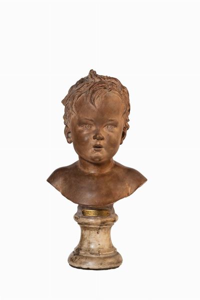 Testa di bimbo, scultura in bronzo su base in marmo