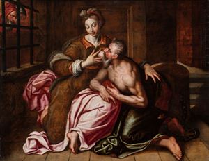 Scuola fiamminga, seconda metà del secolo XVI - Carità romana