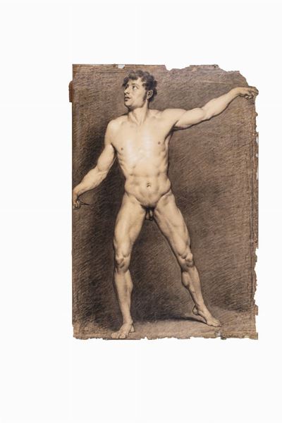 Studio di nudo virile accademico, matita e carboncino su carta
