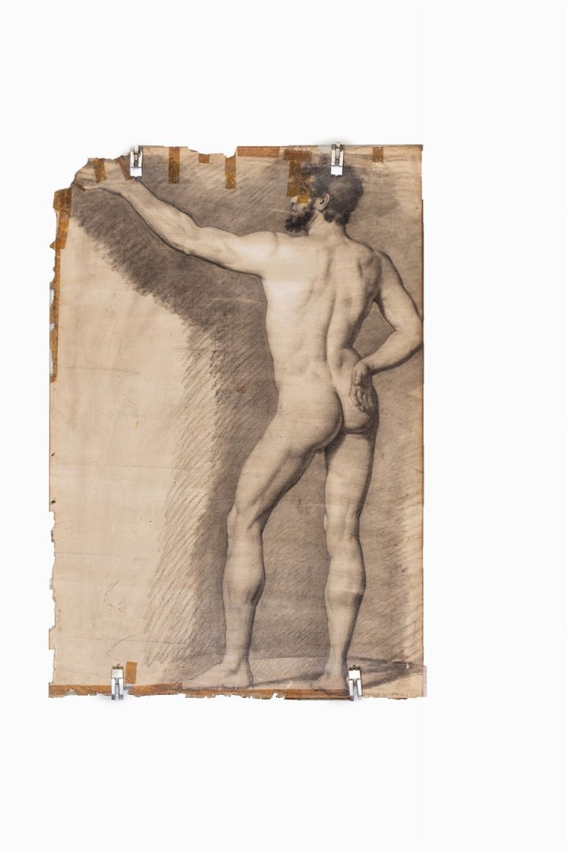 Scuola Italiana, Secolo XIX - Studio di nudo virile accademico, matita e carboncino su carta