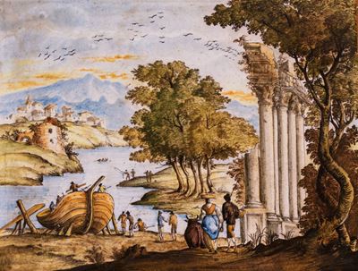 Manifattura di Castelli, Placca in maiolica raffigurante paesaggio fluviale con colonnato classic...
