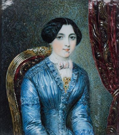 M. Manesi, Ritratto di gentildonna seduta in abito azzurro, tempera su avorio