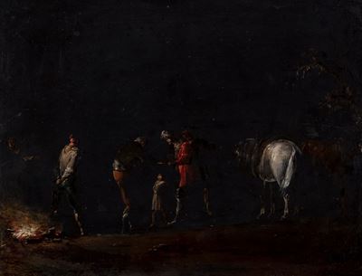 Leonard Bramer, Notturno con briganti e cavalli intorno a un fuoco, olio su lavagna