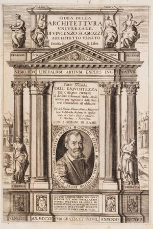 Seconda parte in prima edizione comprensiva dei libri finali VI, VII e VIII di una delle pi&ugrave; celebri e complete opere sull'architettura, ultimo trattato architettonico dal respiro puramente rinascimentale. Come si evince dal titolo, il progetto editoriale di Scamozzi prevedeva la realizzazione di dieci libri ma ne vennero poi pubblicati solamente otto, divisi tra prima e seconda parte.Cicognara 651; Fowler 292. L&rsquo;idea della architettura universale, di Vincenzo Scamozzi architetto veneto divisa in X. libri [...] Parte seconda Dell'esquisitezza de' cinque ordini ...