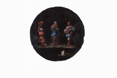 Stefano della Bella, Concertino all'aperto, olio su pietra, diametro cm 17,5